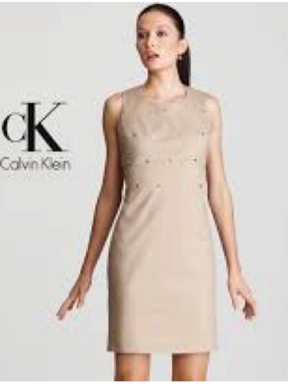 Calvin Klein Tan Sleeveless Midi Sheath Dress with Gold Accents Size 16